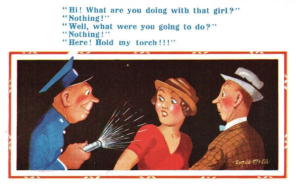 Comic postcard, couple and policeman in blackout, WW2. Date: circa 1940s