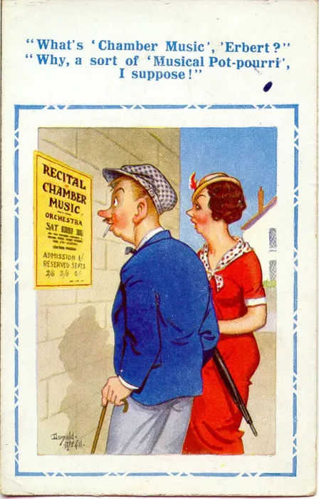 Framed Print : Comic postcard, Couple reading concert poster Date: 20th century Framed Print : Comic postcard, Couple reading concert poster Date: 20th century