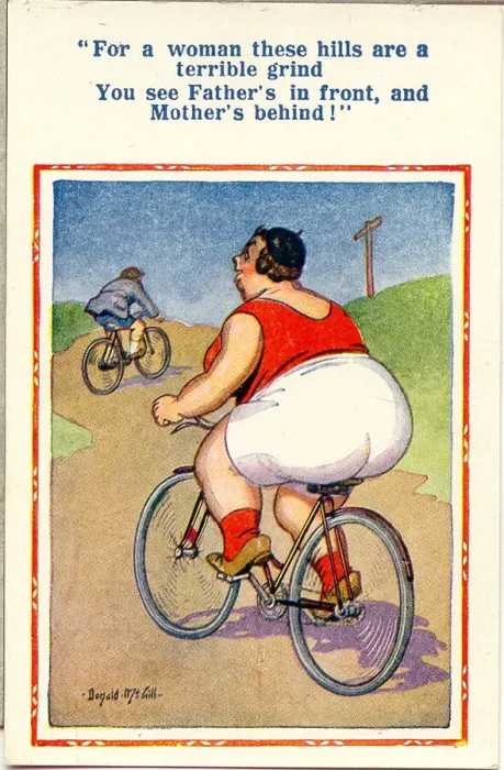 Framed Print : Comic postcard, Couple riding bicycles on a country lane Date: 20th century Framed Print : Comic postcard, Couple riding bicycles on a country lane Date: 20th century