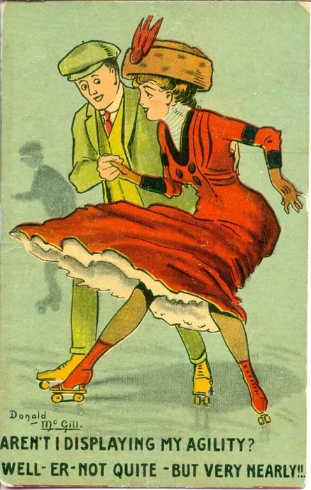 Framed Print : Comic postcard, Couple roller skating Date: 20th century Framed Print : Comic postcard, Couple roller skating Date: 20th century
