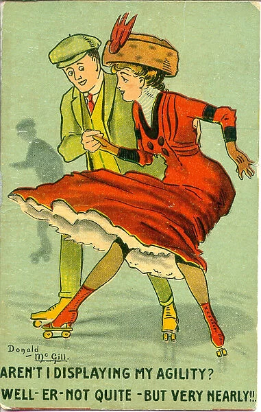 Comic postcard, Couple roller skating Date: 20th century