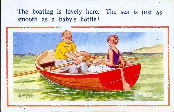 Comic postcard, Couple in a rowing boat on the sea