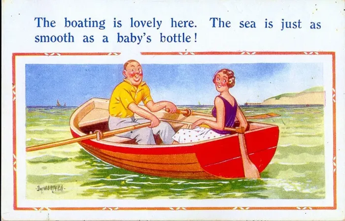 Framed Print : Comic postcard, Couple in a rowing boat on the sea