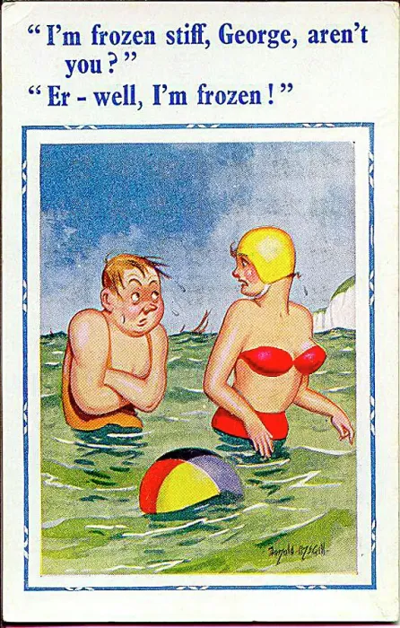 : Comic postcard, Couple in the sea on a cold day Date: 20th century : Comic postcard, Couple in the sea on a cold day Date: 20th century