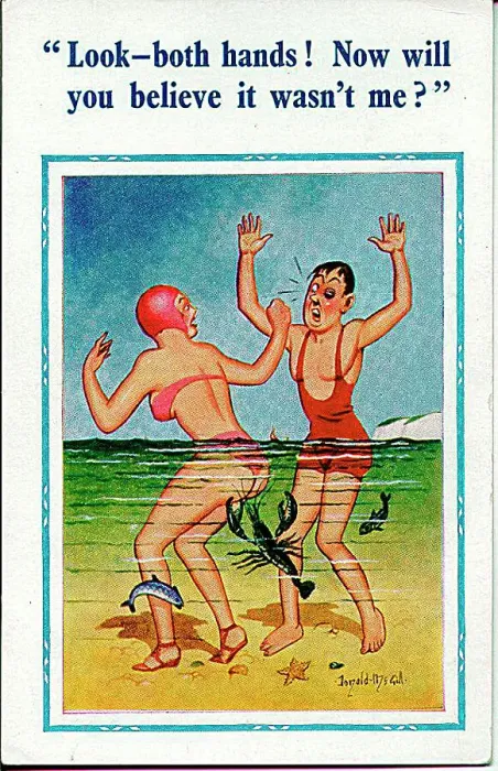 : Comic postcard, Couple in the sea with marine life Date: 20th century : Comic postcard, Couple in the sea with marine life Date: 20th century