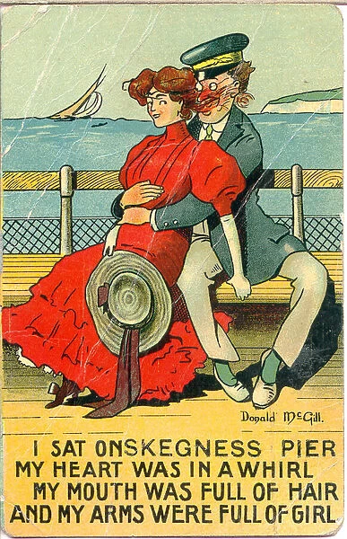Comic postcard, Couple at seaside sitting on a bench - Skegness pier Date