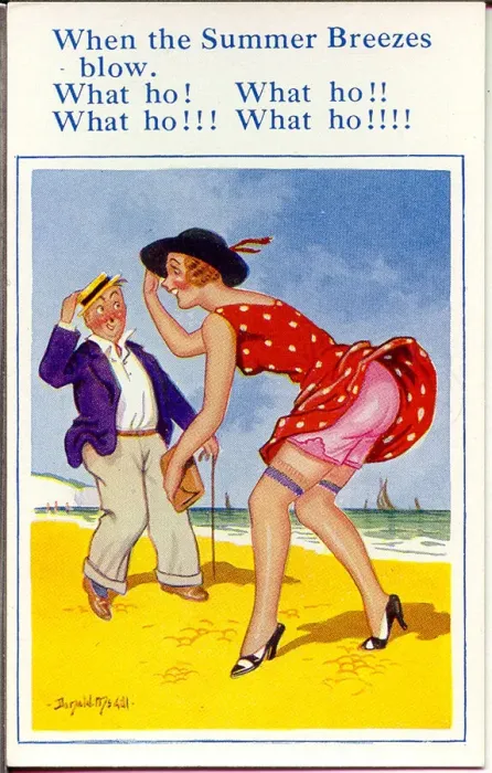 Framed Print : Comic postcard, Couple at the seaside on a windy day Date: 20th century Framed Print : Comic postcard, Couple at the seaside on a windy day Date: 20th century