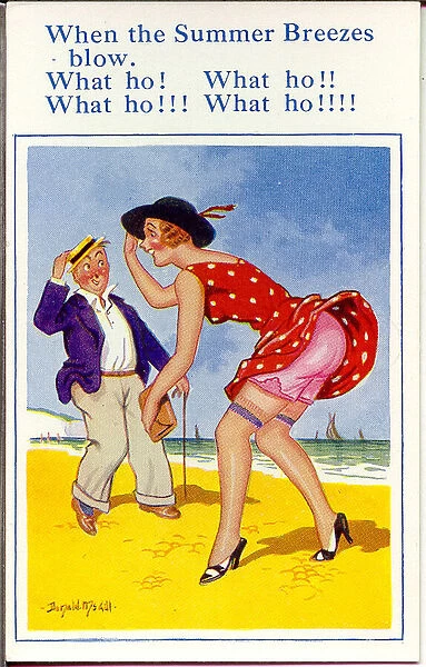 Comic postcard, Couple at the seaside on a windy day Date: 20th century