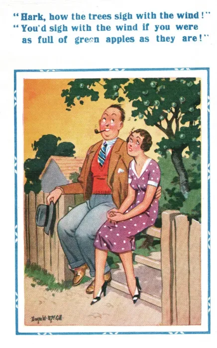 Framed Print : Comic postcard, Couple sitting on a fence Date: 20th century Framed Print : Comic postcard, Couple sitting on a fence Date: 20th century