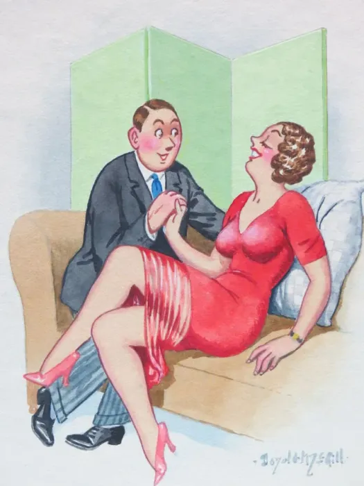 Framed Print : Comic postcard, Couple on a sofa Framed Print : Comic postcard, Couple on a sofa