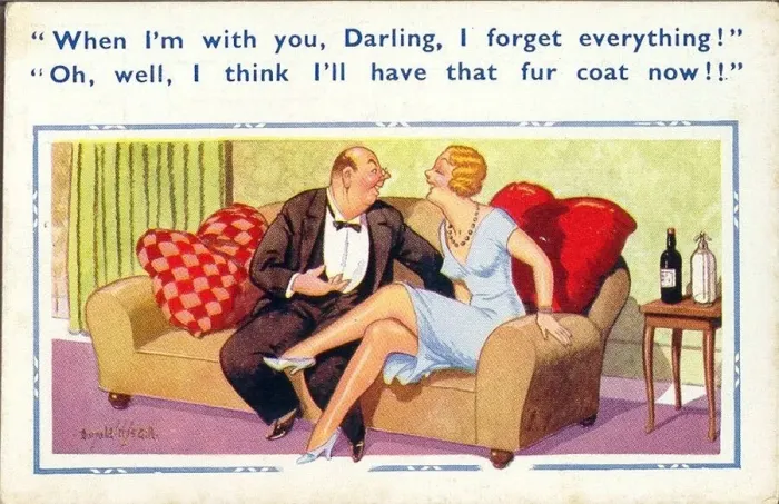 Framed Print : Comic postcard, Couple on a sofa Framed Print : Comic postcard, Couple on a sofa