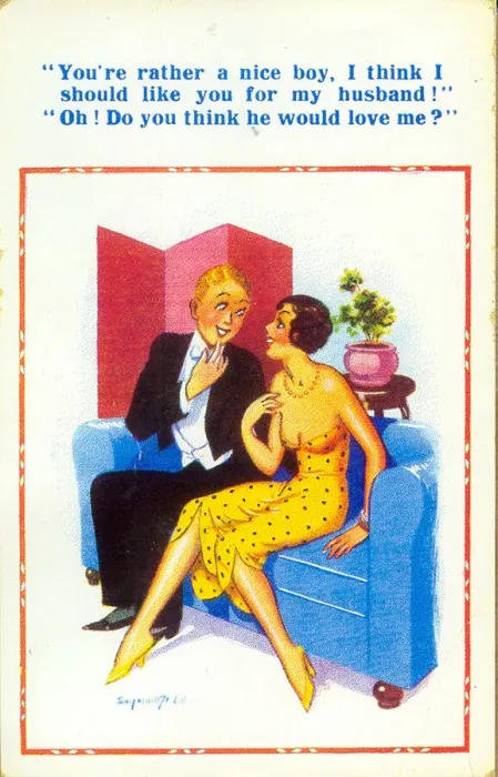 Framed Print : Comic postcard, Couple on a sofa Framed Print : Comic postcard, Couple on a sofa