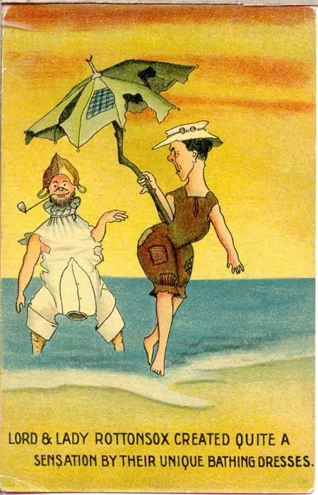 Framed Print : Comic postcard, Couple in strange bathing costumes Date: early 20th century Framed Print : Comic postcard, Couple in strange bathing costumes Date: early 20th century