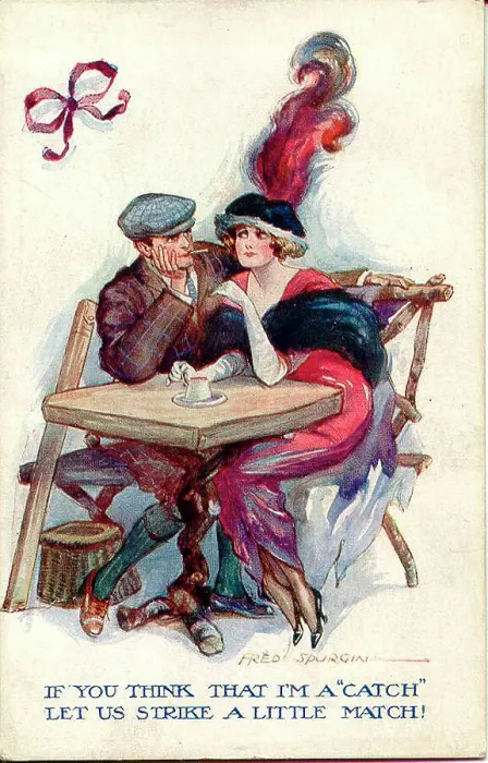 Framed Print : Comic postcard, Couple at a table - If you think that I'm a catch, let us strike a little match! Date: early 20th century Framed Print : Comic postcard, Couple at a table - If you think that I'm a catch, let us strike a little match! Date: early 20th century
