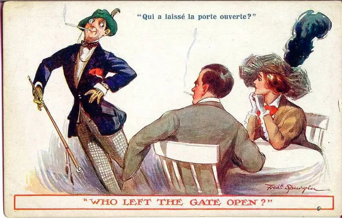 Framed Print : Comic postcard, Couple at table, with unexpected passer-by - Who left the gate open? Date: early 20th century Framed Print : Comic postcard, Couple at table, with unexpected passer-by - Who left the gate open? Date: early 20th century