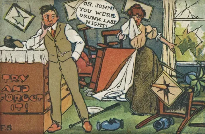 Framed Print : Comic postcard, couple in a trashed room Framed Print : Comic postcard, couple in a trashed room