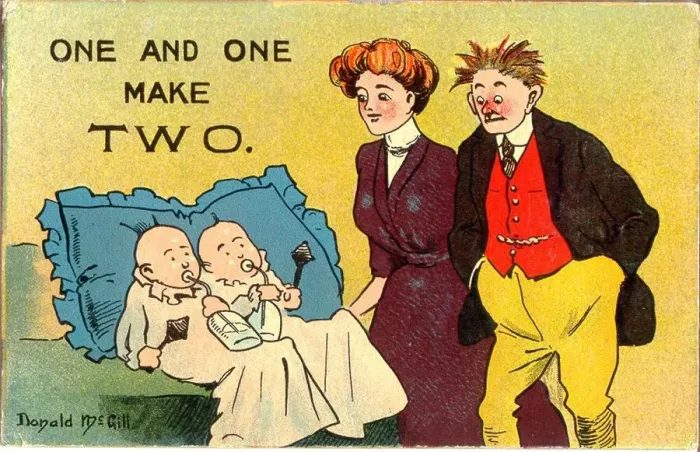 Framed Print : Comic postcard, Couple with twins - One and one make two Date: 20th century Framed Print : Comic postcard, Couple with twins - One and one make two Date: 20th century