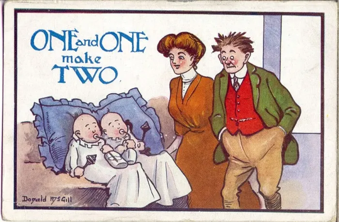 Framed Print : Comic postcard, Couple with twins - One and one make two Date: 20th century Framed Print : Comic postcard, Couple with twins - One and one make two Date: 20th century