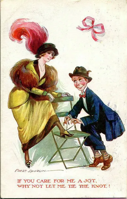 Framed Print : Comic postcard, Couple tying shoelace - If you care for me a jot, why not let me tie the knot! Date: early 20th century Framed Print : Comic postcard, Couple tying shoelace - If you care for me a jot, why not let me tie the knot! Date: early 20th century