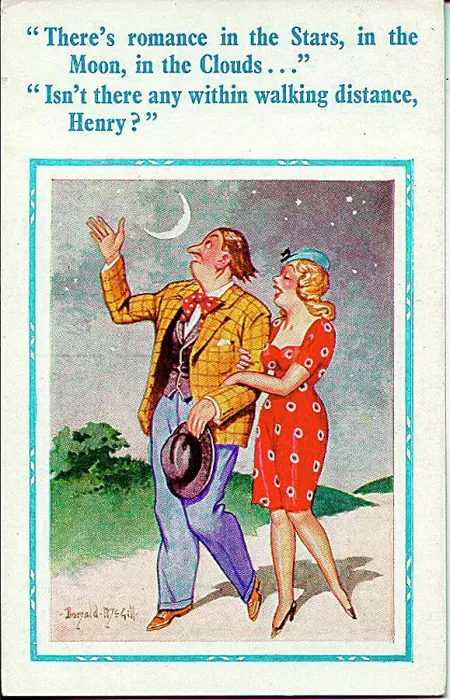 : Comic postcard, Couple out walking at night Date: 20th century : Comic postcard, Couple out walking at night Date: 20th century