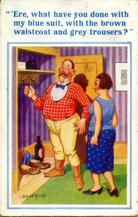 Framed Print : Comic postcard, Couple with empty wardrobe Date: 20th century Framed Print : Comic postcard, Couple with empty wardrobe Date: 20th century