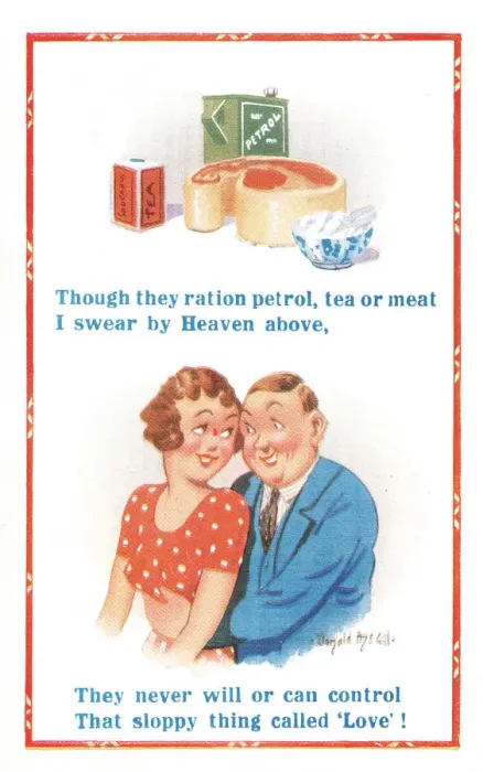 Framed Print : Comic postcard, couple with wartime rations, WW2 Framed Print : Comic postcard, couple with wartime rations, WW2
