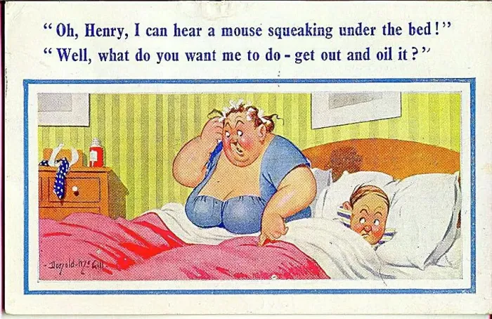 : Comic postcard, Couple woken up in the middle of the night Date: 20th century : Comic postcard, Couple woken up in the middle of the night Date: 20th century