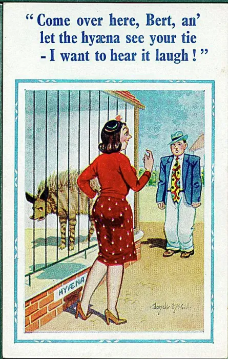 : Comic postcard, Couple at the zoo - hyena Date: 20th century : Comic postcard, Couple at the zoo - hyena Date: 20th century