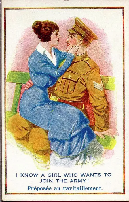 Framed Print : Comic postcard, Courting couple, woman and soldier. Date: 1914-1918 Framed Print : Comic postcard, Courting couple, woman and soldier. Date: 1914-1918