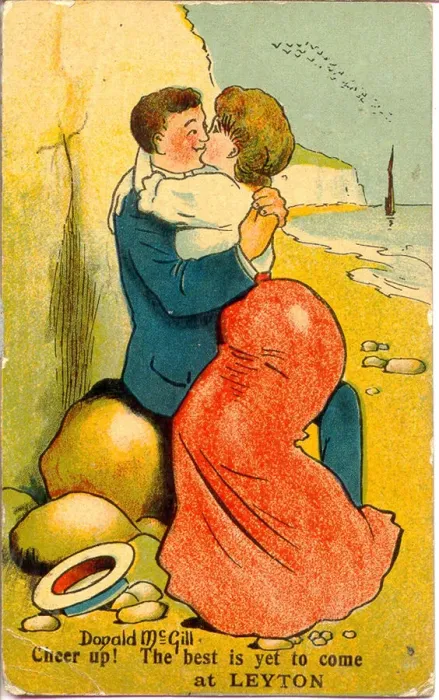 Framed Print : Comic postcard, Courting couple on the beach Date: 20th century Framed Print : Comic postcard, Courting couple on the beach Date: 20th century