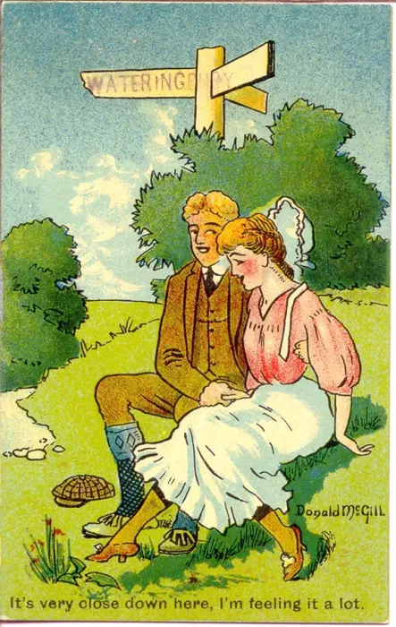Framed Print : Comic postcard, Courting couple in the countryside Date: 20th century Framed Print : Comic postcard, Courting couple in the countryside Date: 20th century