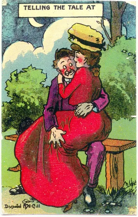Framed Print : Comic postcard, Courting couple in a park at night Framed Print : Comic postcard, Courting couple in a park at night