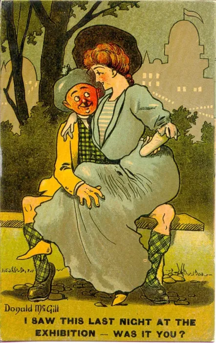 Framed Print : Comic postcard, Courting couple in a park at night Date: 20th century Framed Print : Comic postcard, Courting couple in a park at night Date: 20th century