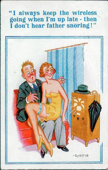 Framed Print : Comic postcard, Courting couple with radio playing Date: 20th century Framed Print : Comic postcard, Courting couple with radio playing Date: 20th century
