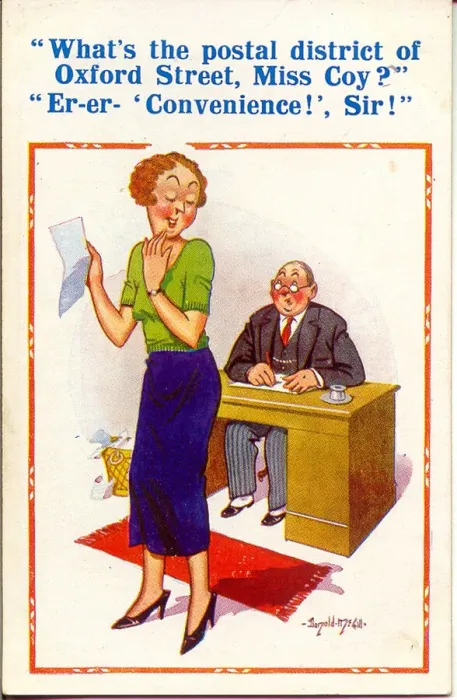 Framed Print : Comic postcard, Coy secretary answers boss Framed Print : Comic postcard, Coy secretary answers boss