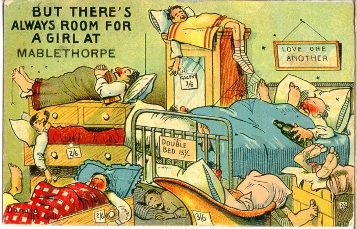 Framed Print : Comic postcard, Crowded hotel bedroom at Mablethorpe Date: 20th century Framed Print : Comic postcard, Crowded hotel bedroom at Mablethorpe Date: 20th century