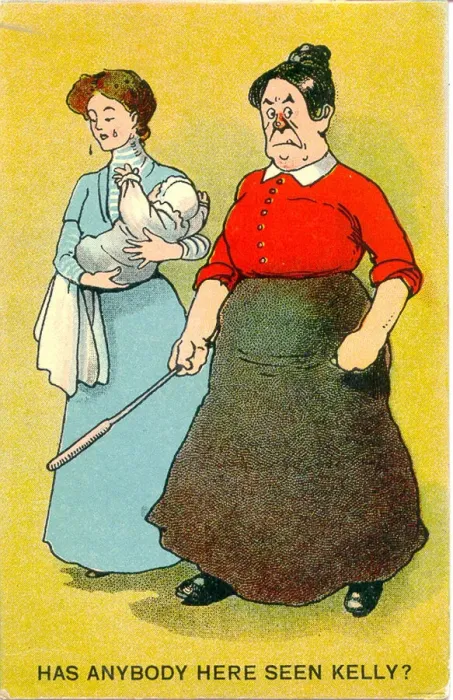 Framed Print : Comic postcard, Crying woman holding a baby, with angry mother - Has anybody here seen Framed Print : Comic postcard, Crying woman holding a baby, with angry mother - Has anybody here seen