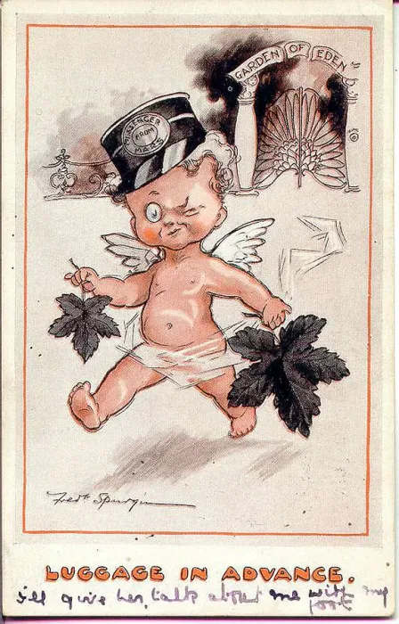 Framed Print : Comic postcard, Cupid with fig leaves - Luggage in advance. Date: early 20th century Framed Print : Comic postcard, Cupid with fig leaves - Luggage in advance. Date: early 20th century