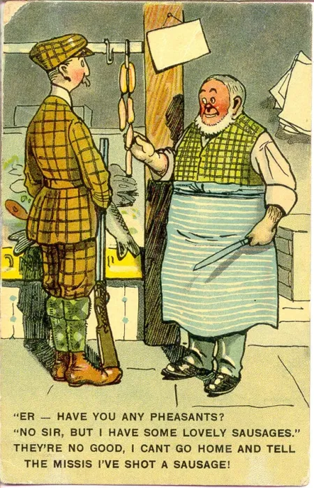 Framed Print : Comic postcard, Customer in butchers shop Date: early 20th century Framed Print : Comic postcard, Customer in butchers shop Date: early 20th century