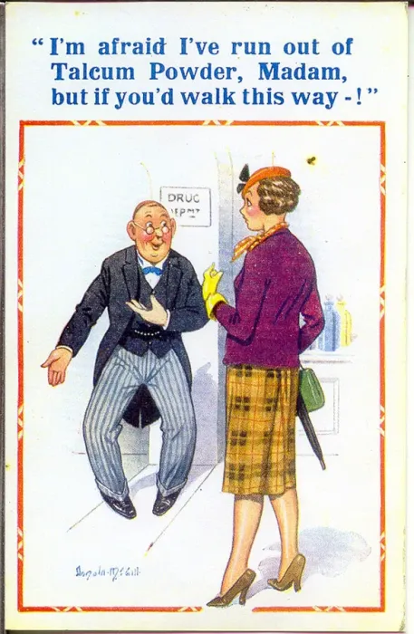 Framed Print : Comic postcard, Customer in department store - walk this way Date: 20th century Framed Print : Comic postcard, Customer in department store - walk this way Date: 20th century