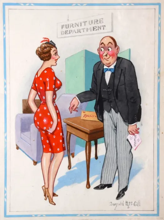 Framed Print : Comic postcard, Customer in Furniture Department Framed Print : Comic postcard, Customer in Furniture Department