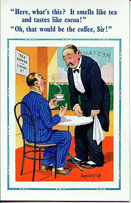 : Comic postcard, Customer and waiter in restaurant Date: 20th century : Comic postcard, Customer and waiter in restaurant Date: 20th century