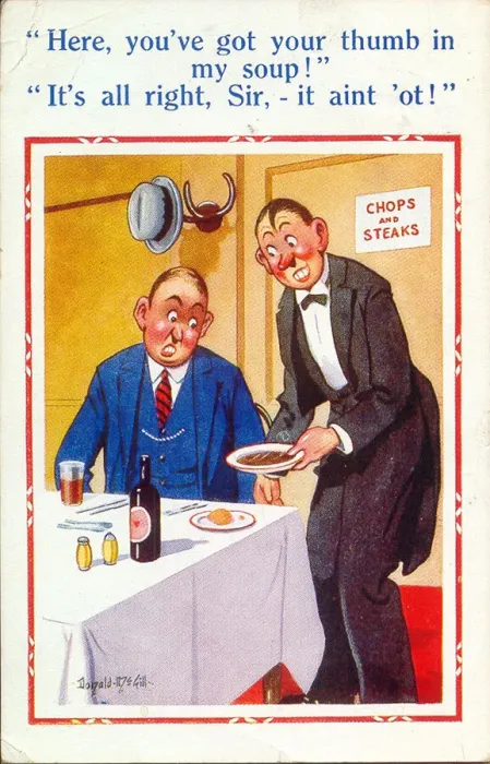 Framed Print : Comic postcard, Customer and waiter in restaurant - thumb in soup Date: 20th century