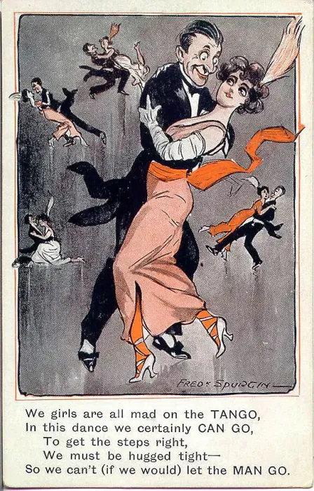 Framed Print : Comic postcard, Dancing couples - the tango Date: early 20th century Framed Print : Comic postcard, Dancing couples - the tango Date: early 20th century