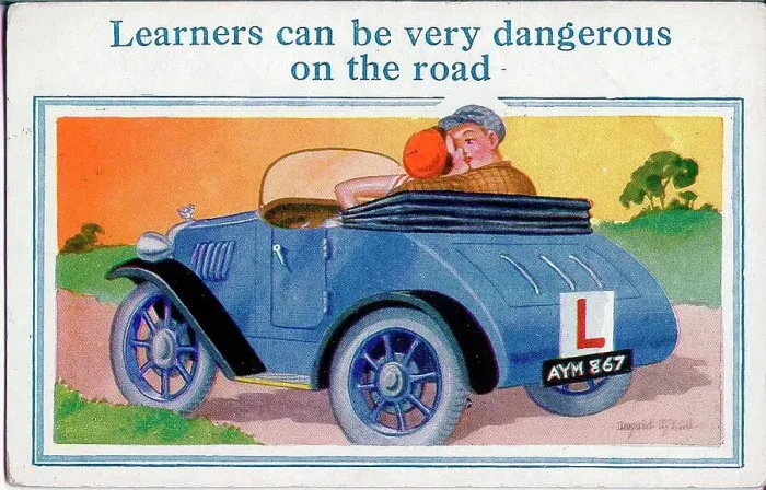 Framed Print : Comic postcard, Dangerous learner driver Date: 20th century Framed Print : Comic postcard, Dangerous learner driver Date: 20th century