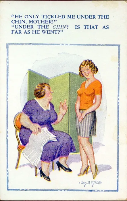 Framed Print : Comic postcard, Daughter describes her date to her mother Date: 20th century Framed Print : Comic postcard, Daughter describes her date to her mother Date: 20th century