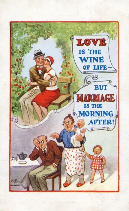 Framed Print : Comic Postcard - The differences between Love and Marriage Framed Print : Comic Postcard - The differences between Love and Marriage