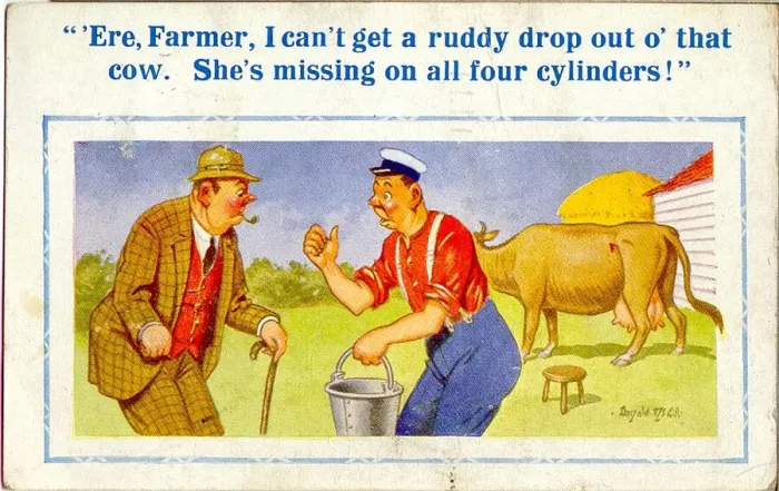 Framed Print : Comic postcard, Difficulty milking a cow Date: 20th century Framed Print : Comic postcard, Difficulty milking a cow Date: 20th century