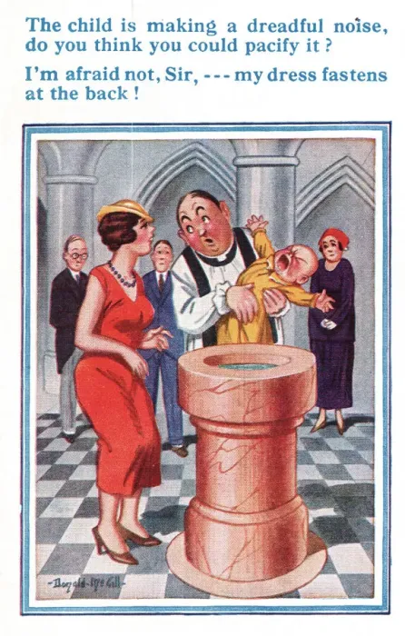 Framed Print : Comic postcard, dilemma at baptism Framed Print : Comic postcard, dilemma at baptism