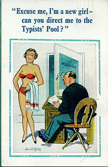 : Comic postcard, Directions to the typists pool Date: 20th century : Comic postcard, Directions to the typists pool Date: 20th century